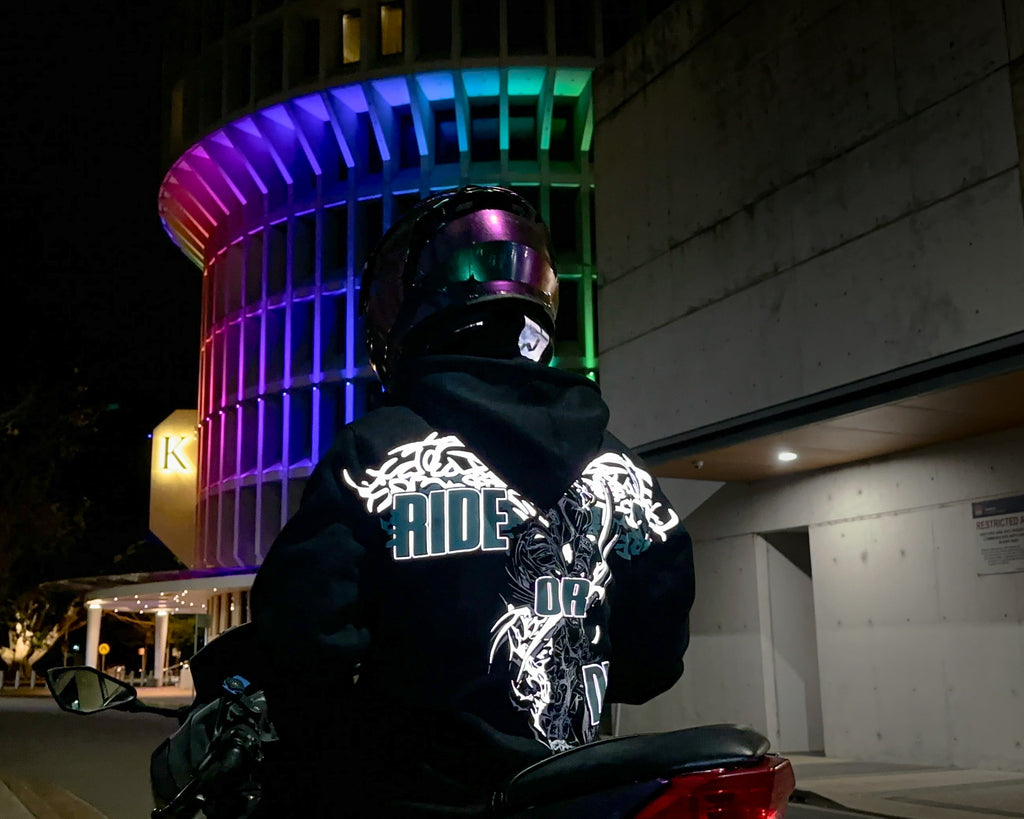 back view of motorcycle hoodie with balaclava reflective detailing for improved visibility while riding