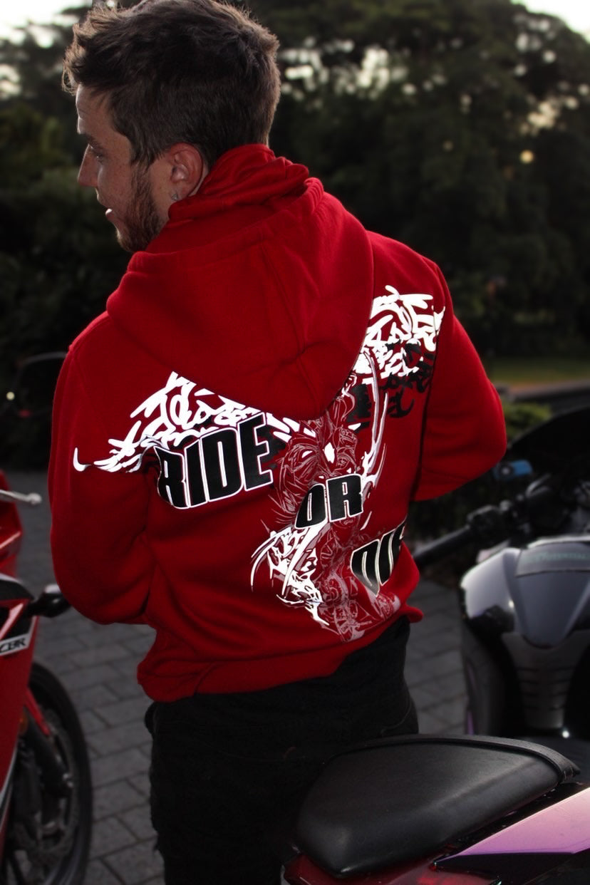 Red Balaclava motorcycle Hoodie featuring reflective designs that says "ride or die"